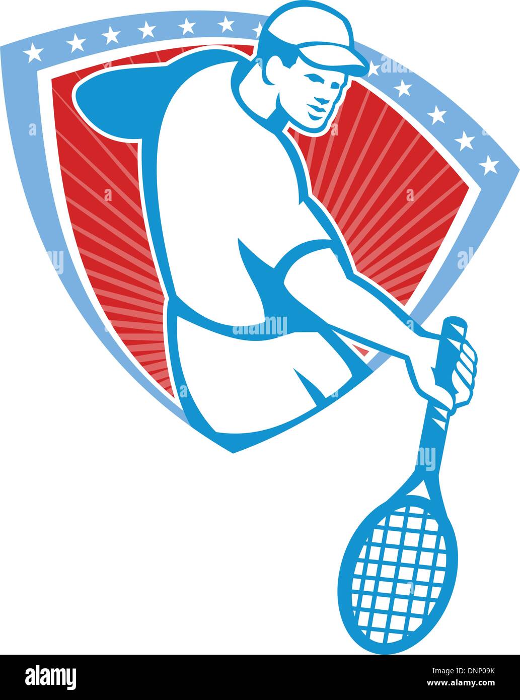 Illustration of a tennis player holding racquet set inside crest shield with stars on isolated background done in retro style. Stock Vector
