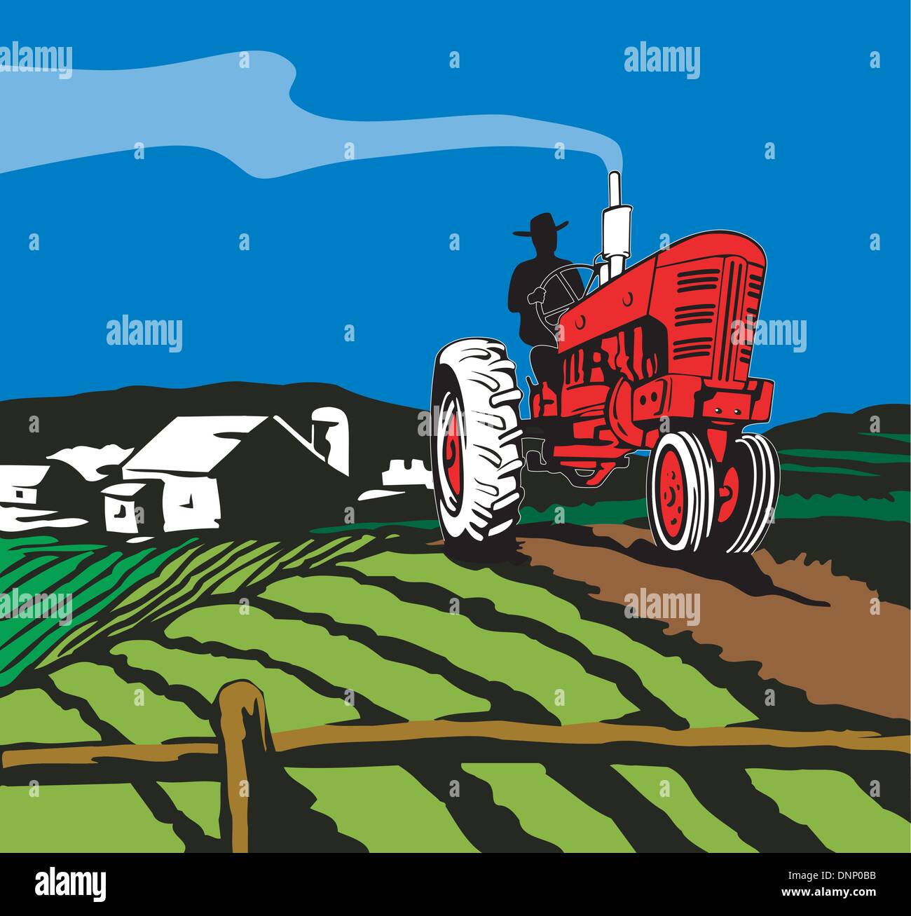Illustration of a vintage tractor on farm field done in retro style ...
