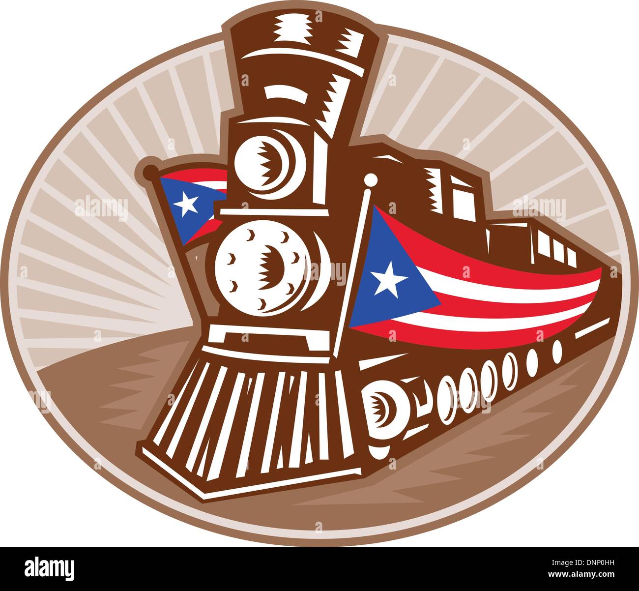 Illustration of a steam train locomotive with American stars and stripes flag dome in retro woodcut style. Stock Vector
