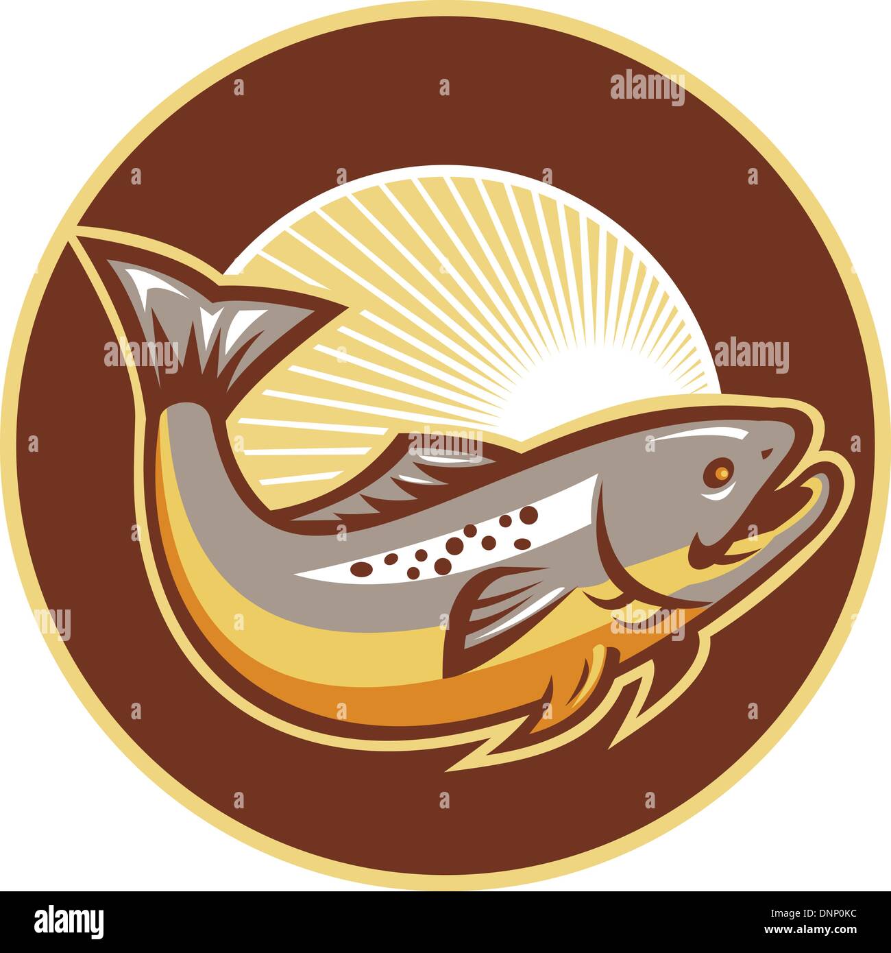 Illustration of a trout fish jumping set inside circle with sunburst in background done in retro style. Stock Vector