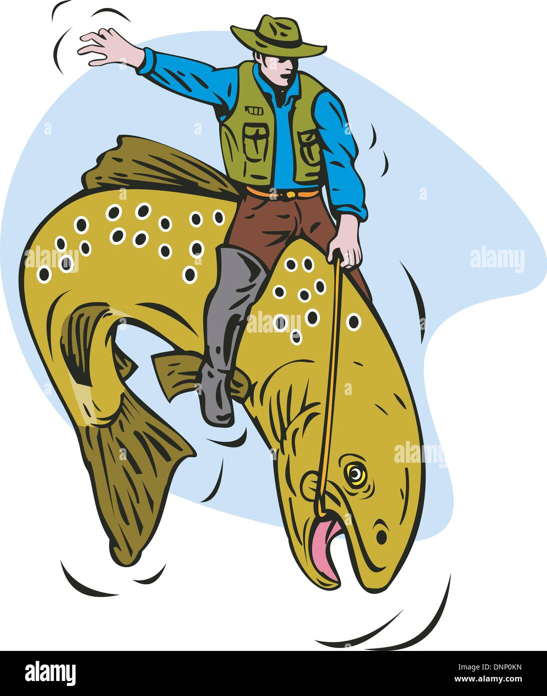 illustration of a trout fish jumping with fly fisherman riding