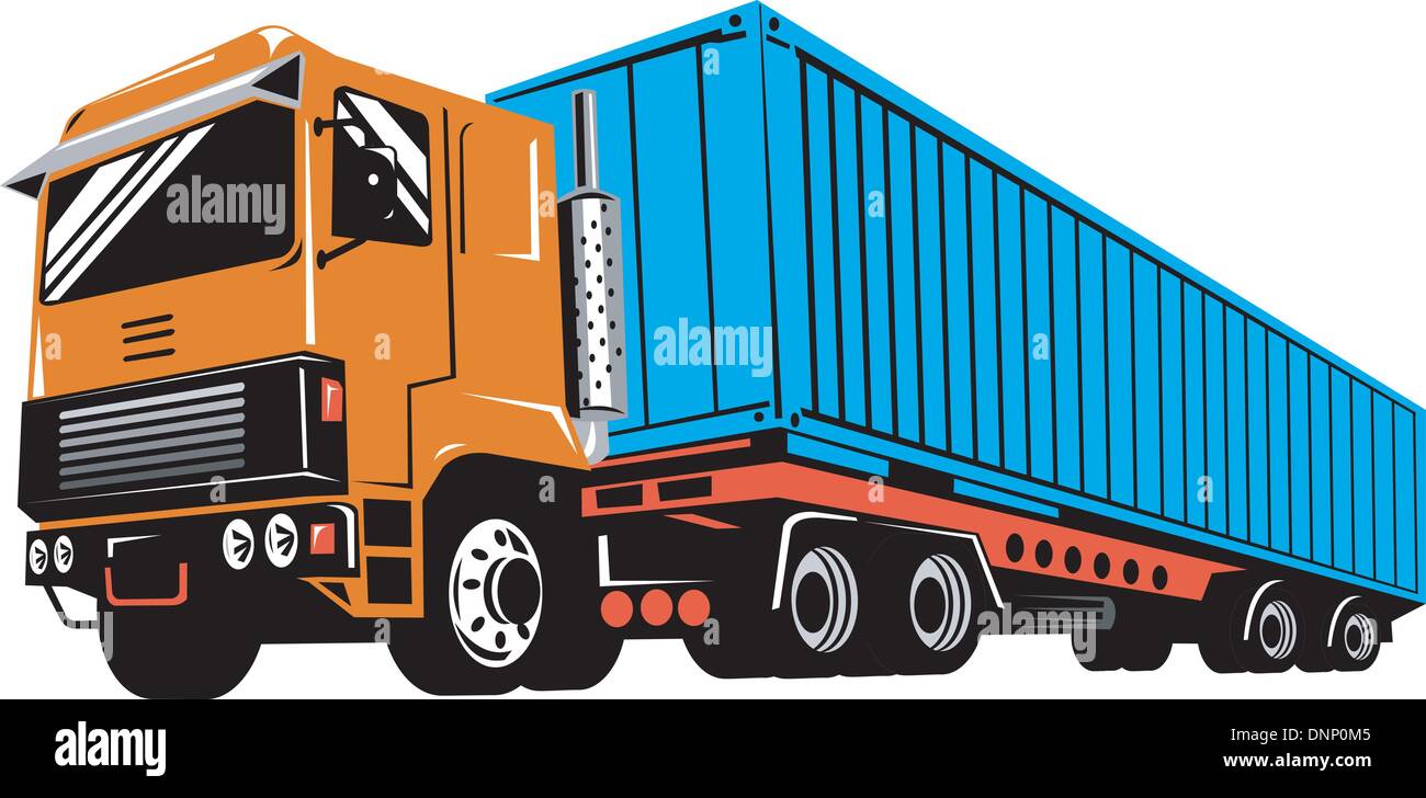 illustration of a container truck lorry done in retro style on isolated background viewed from low angle Stock Vector