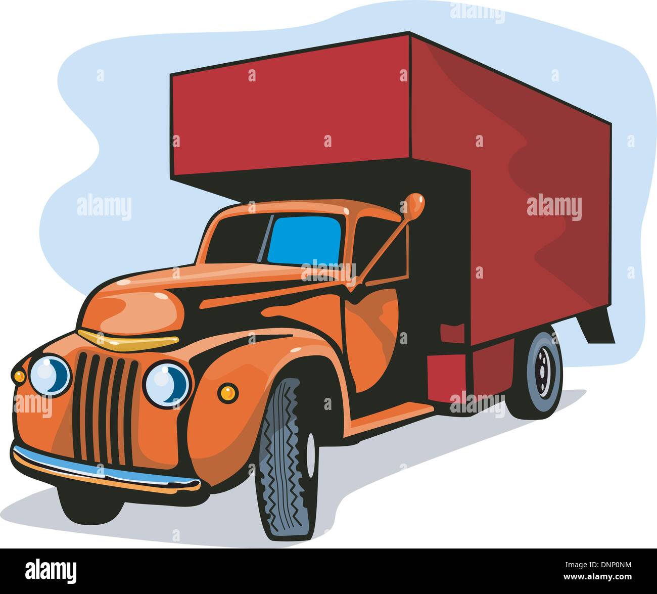 Illustration of a red vintage moving truck movers set on white background done in retro style. Stock Vector