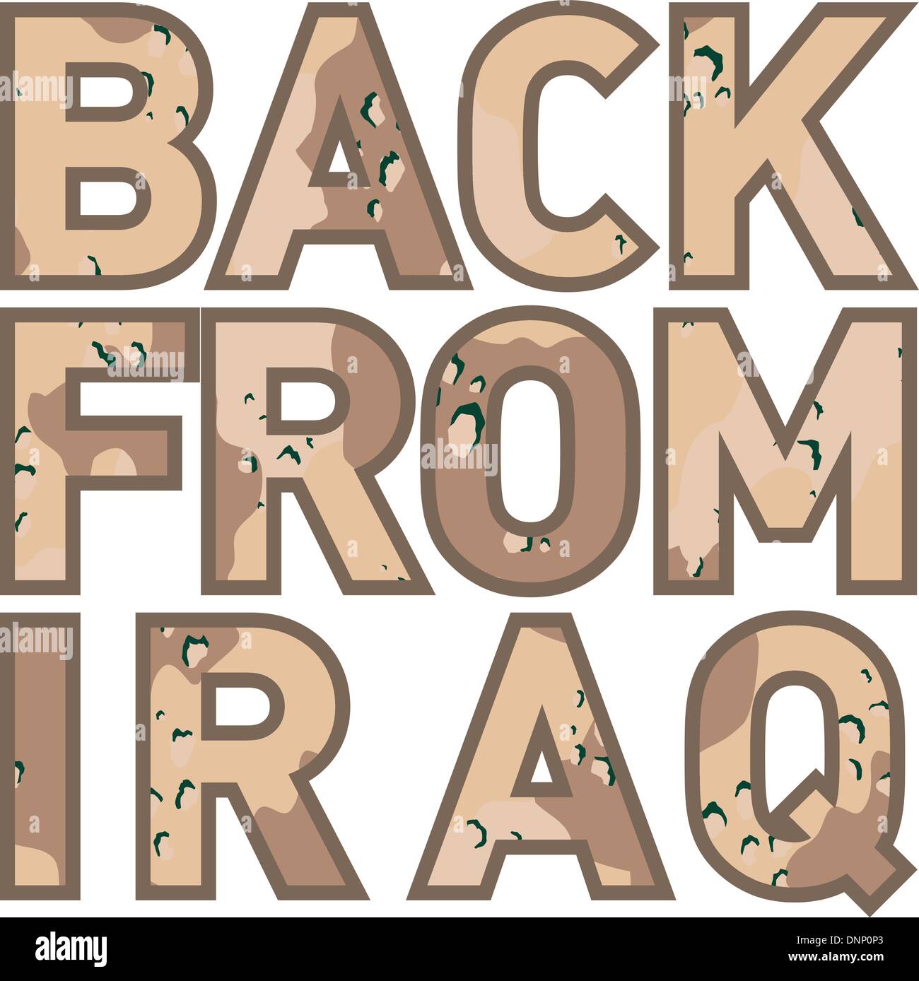 graphic design of text showing 'Back from Iraq' in camouflage color isolated on white Stock Vector