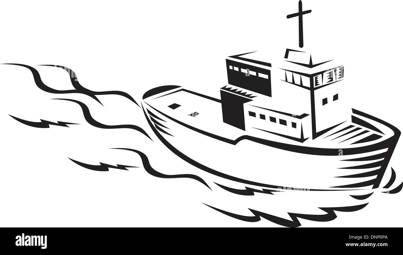 illustration of a commercial fishing boat ship on sea with clouds and fish done in retro woodcut style black and white. Stock Vector