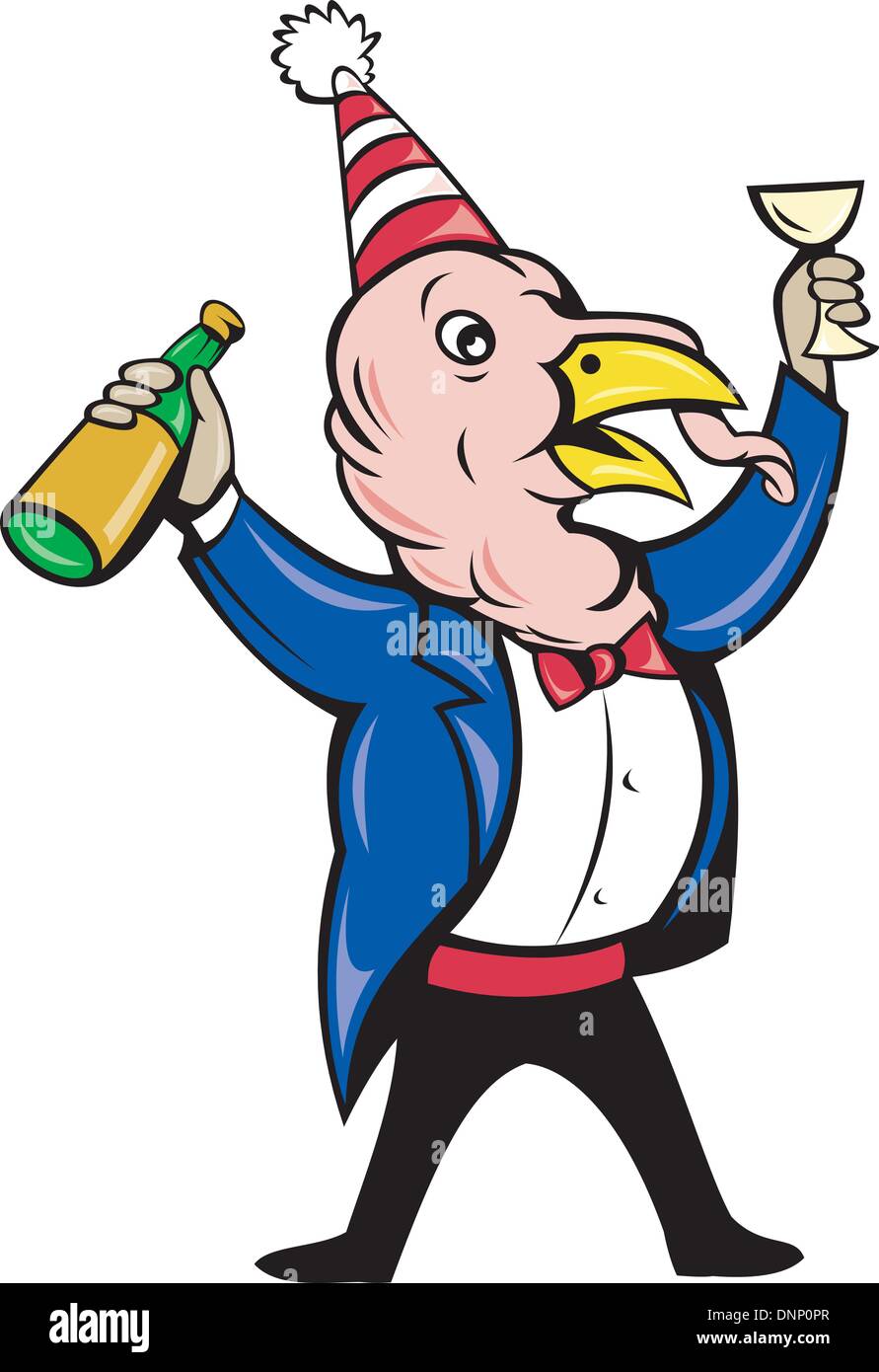 illustration of a cartoon turkey in tie and suit holding wine bottle and glass offering a  toast isolated on white Stock Vector