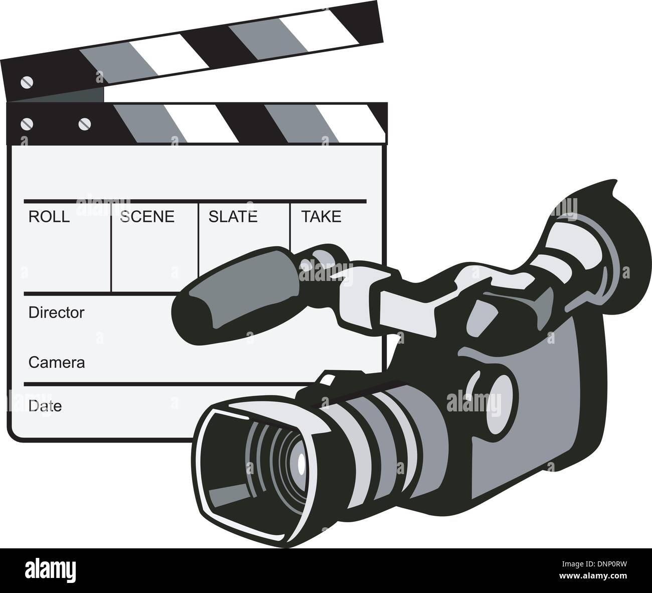 Illustration of a video camera with movie clapboard clapper board done