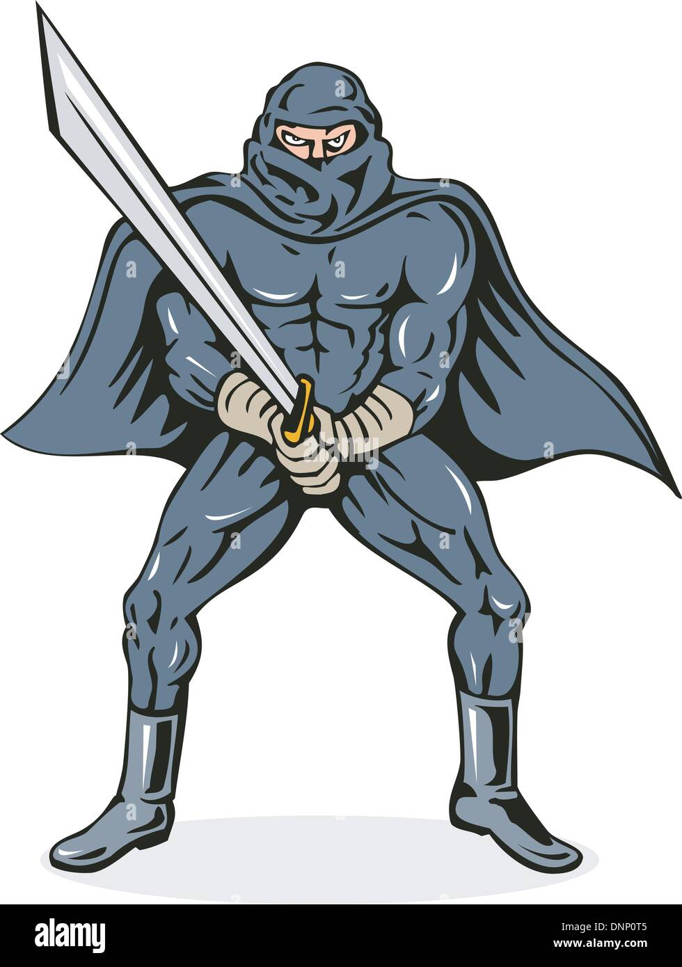 Illustration of a villain ninja holding a sword attacking defending