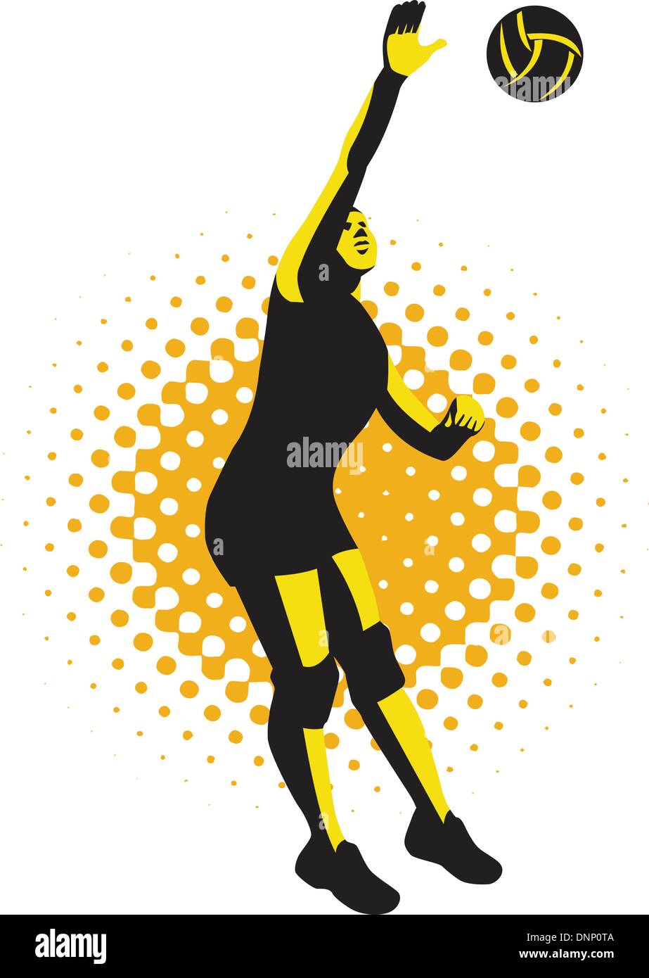 Illustration of a female volleyball player jumping spiking ball done in retro style Stock Vector