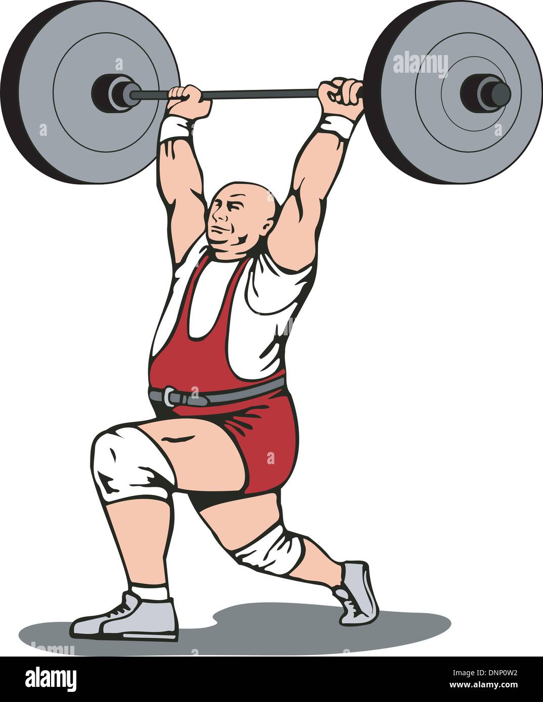 Illustration of a weightlifter lifting weights barbell done in retro