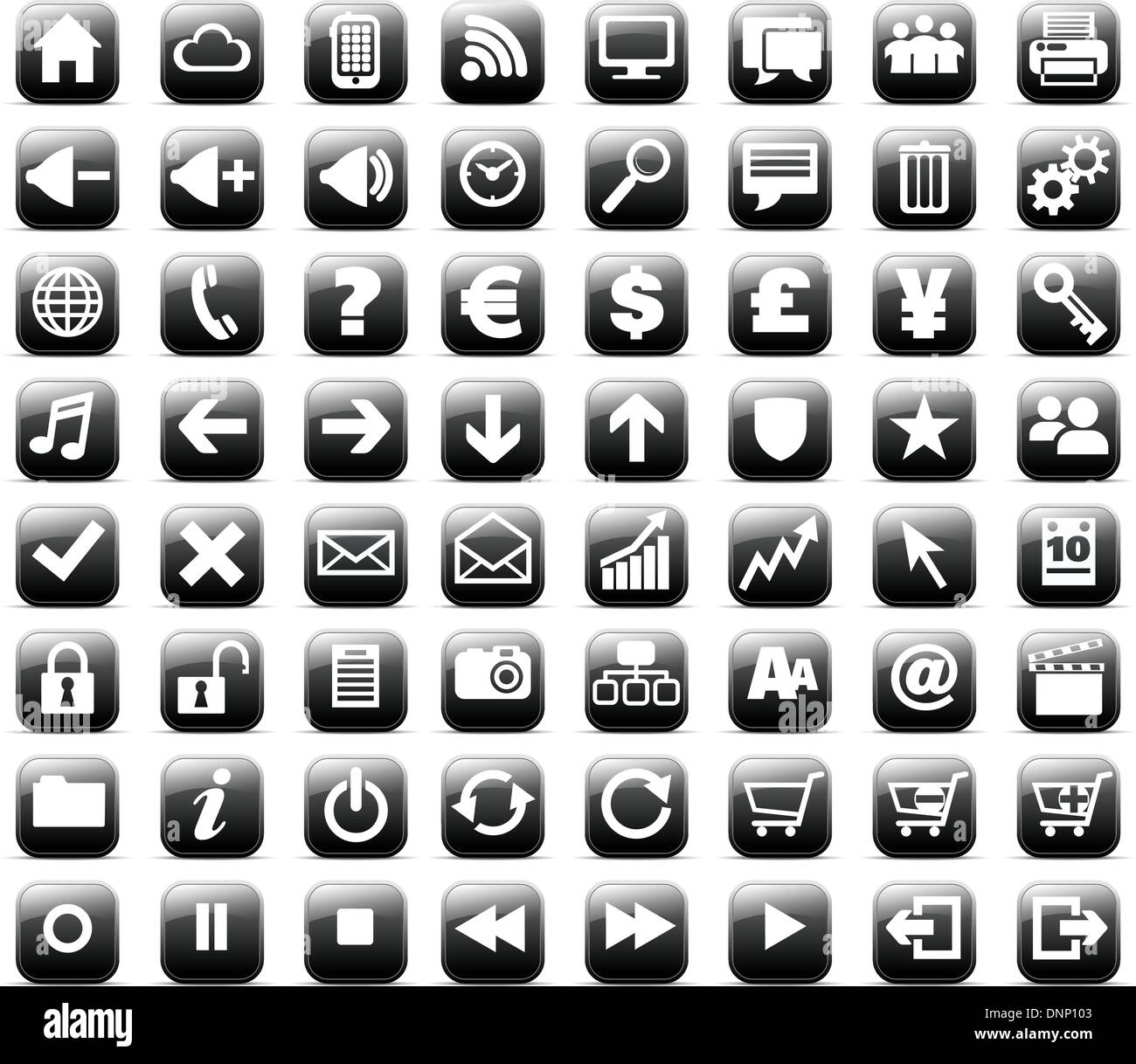 64 multimedia and web icons designed to be recognizable at a very small size Stock Vector