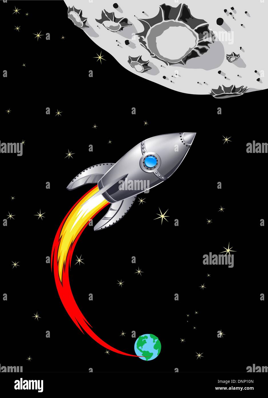 Silver Spaceship heading towards the Moon Stock Vector