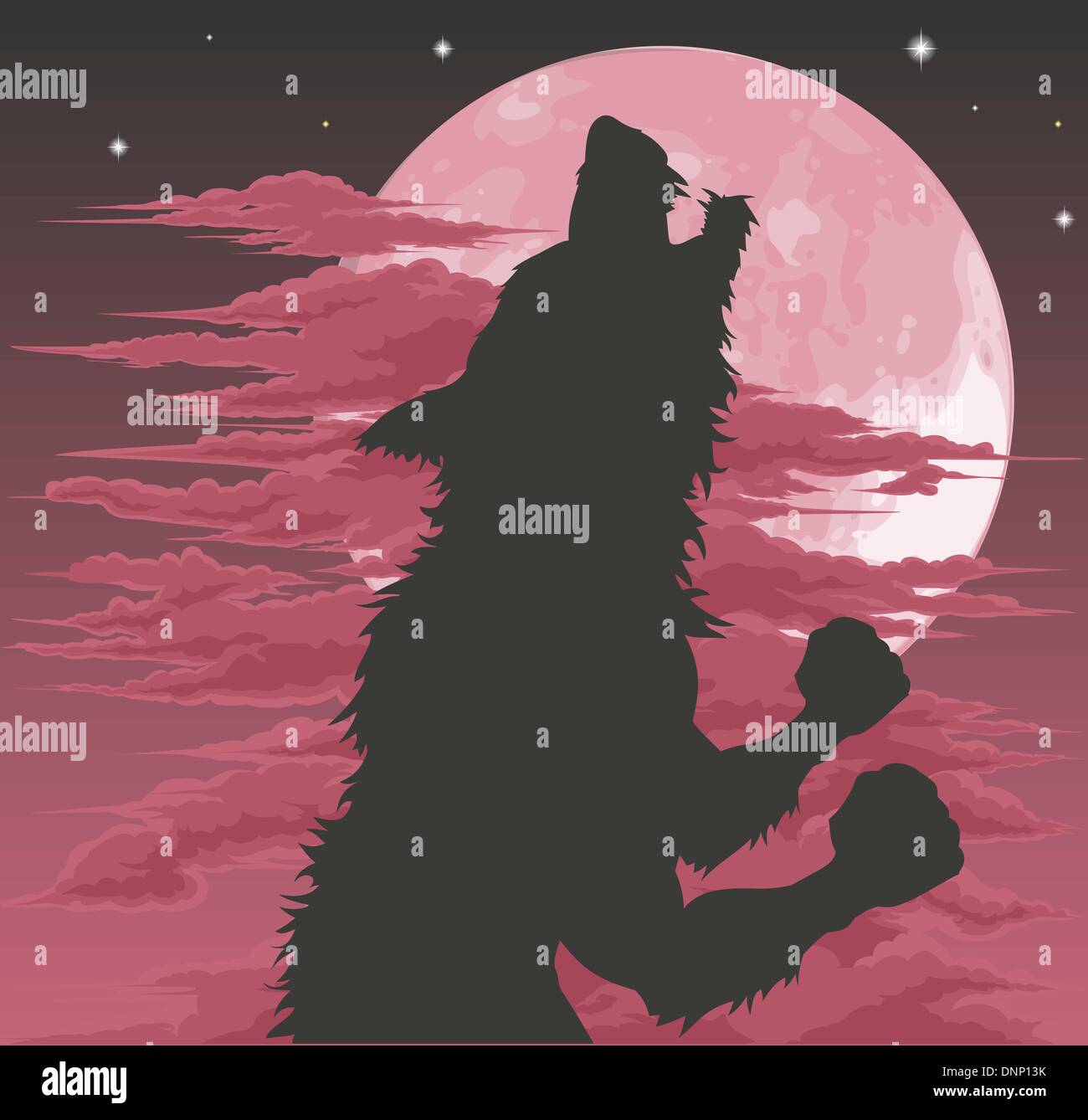 A frightening werewolf silhouette howling at the moon. Halloween illustration. Stock Vector