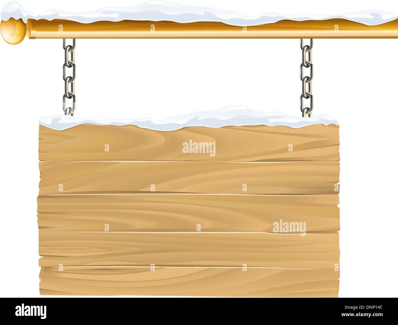 A wooden snowy winter Christmas sign hanging suspended from chains and metal pole Stock Vector