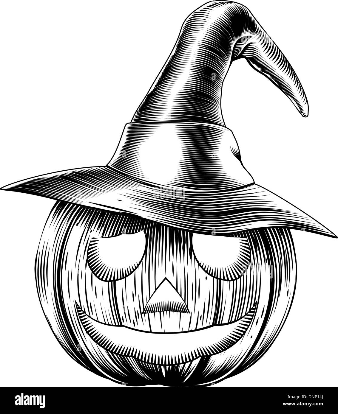 A Halloween pumpkin wearing a witch hat in a retro vintage woodblock or woodcut etching style Stock Vector