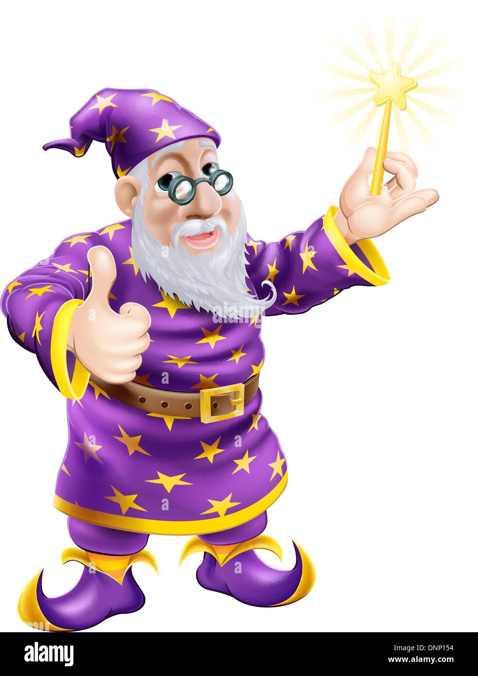 A drawing of a cute friendly old wizard character holding a wand and giving a thumbs up Stock Vector