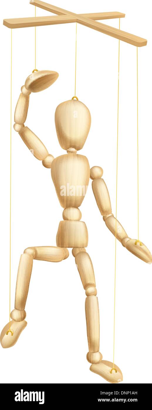 An illustration of a wooden marionette or puppet figure or man on strings Stock Vector