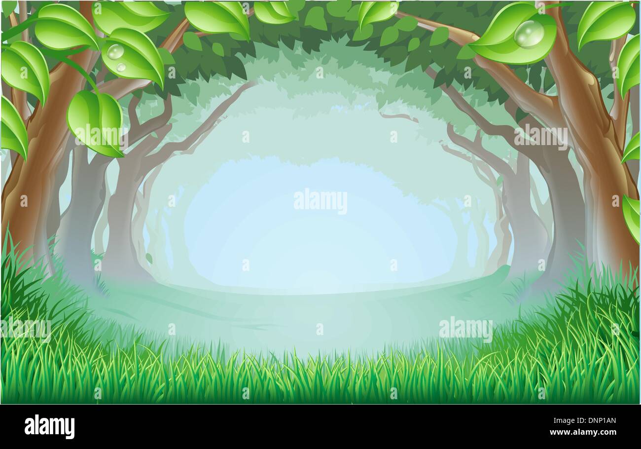 A beautiful woodland scene with trees and grass and space in the centre Stock Vector