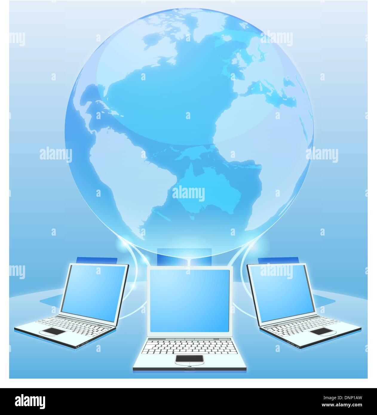 Laptop computers connected via world globe network internet computing concept Stock Vector