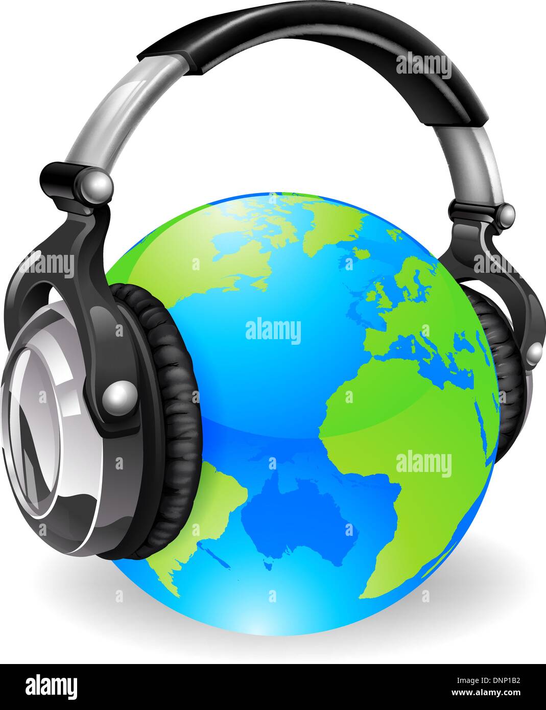 A pair of audio music headphones on a world globe Stock Vector