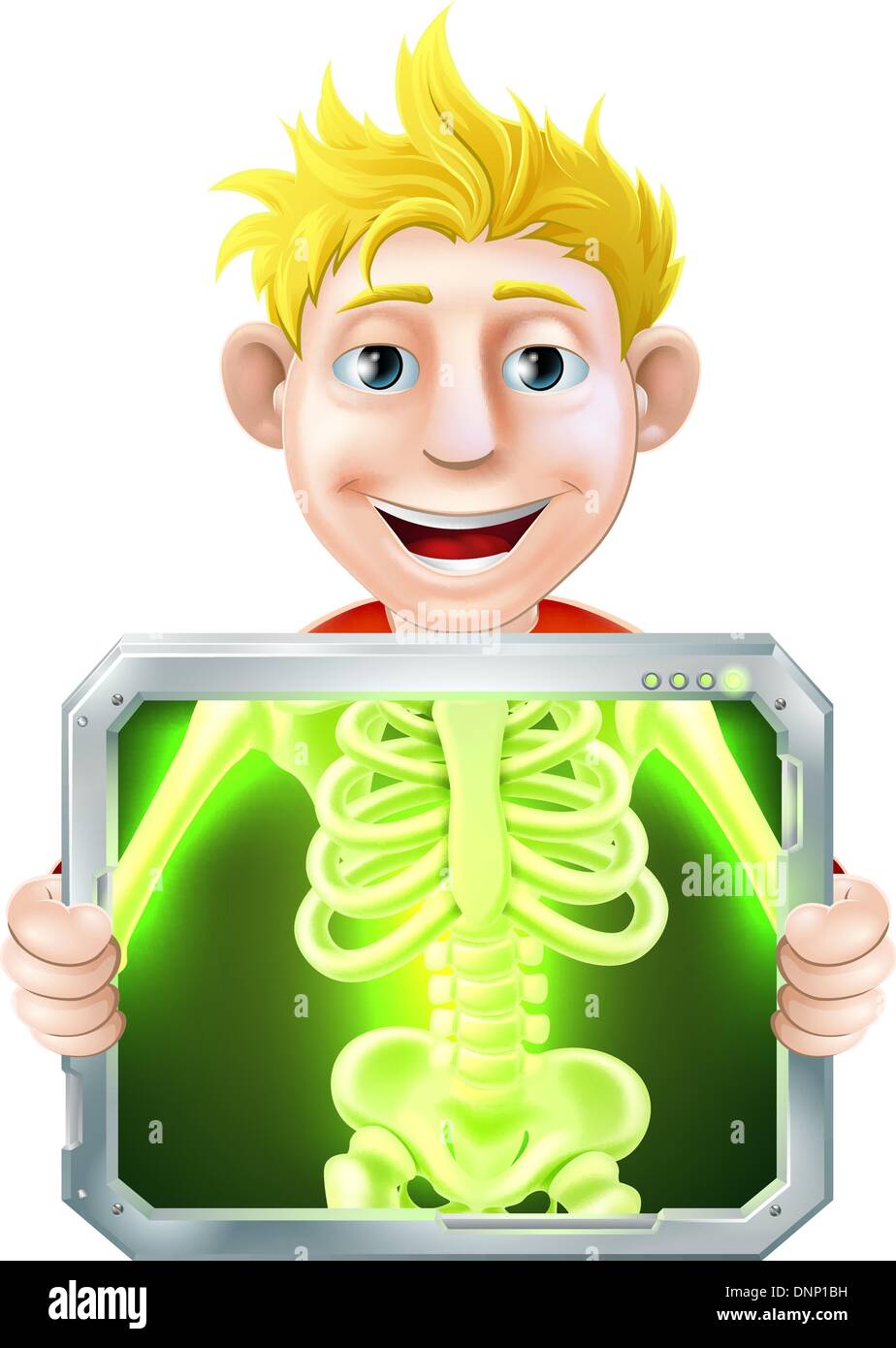 Cartoon illustration of a man holding up a screen x-raying him with his skeleton showing. Stock Vector