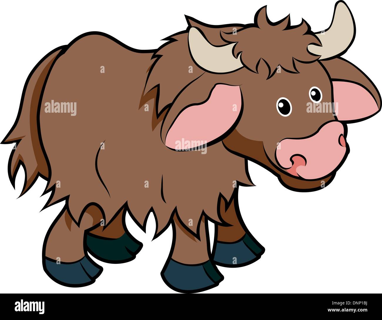 An illustration of a cute happy cartoon hairy Yak animal character Stock Vector