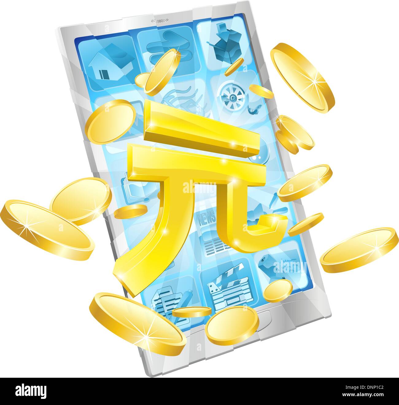 Yuan money phone concept illustration of mobile cell phone with gold Yuan sign and coins Stock Vector