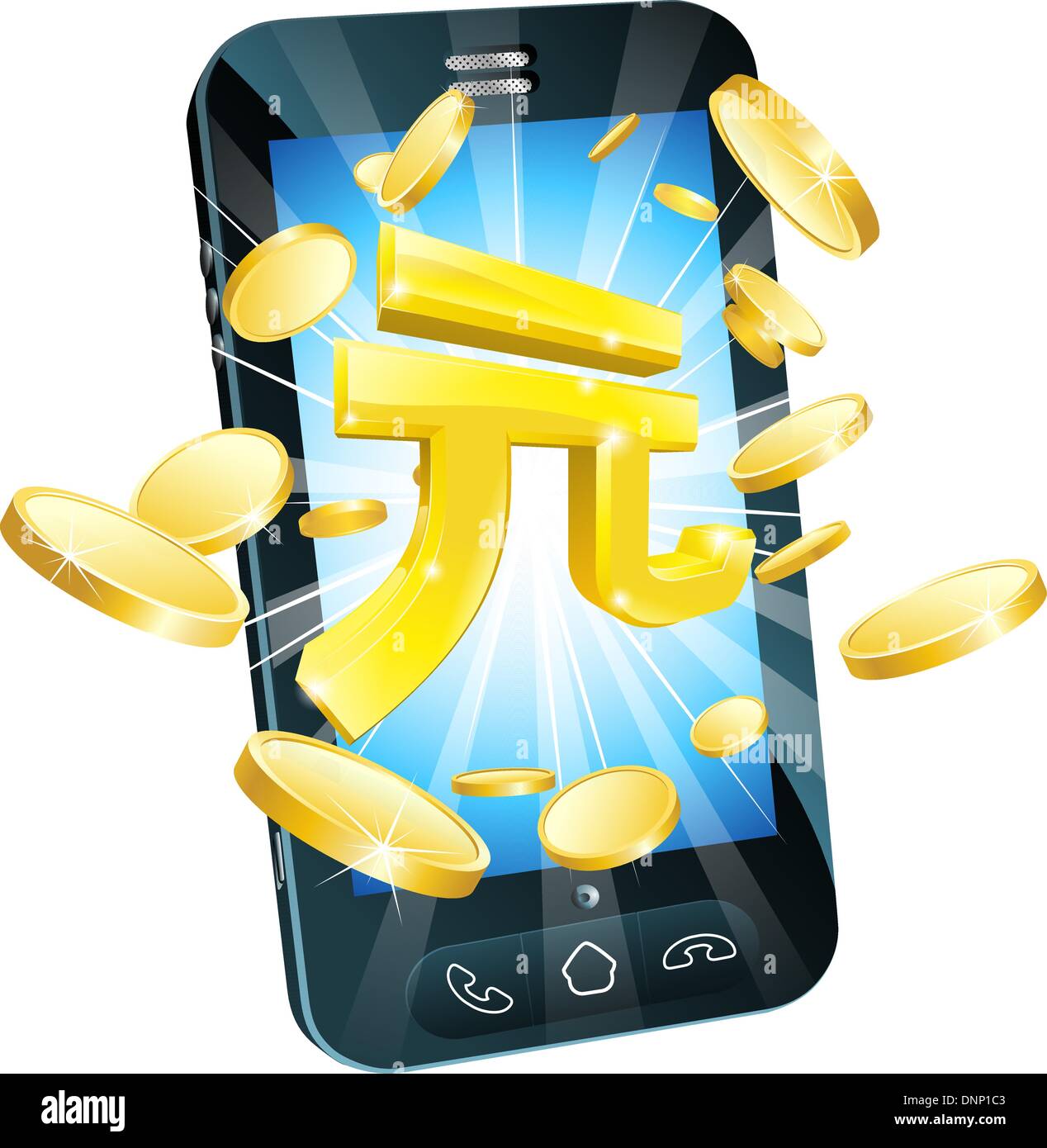 Yuan money phone concept illustration of mobile cell phone with gold Yuan sign and coins Stock Vector