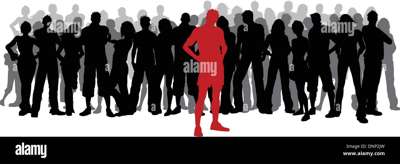 Silhouette of a huge crowd of people with one person standing out in red Stock Vector