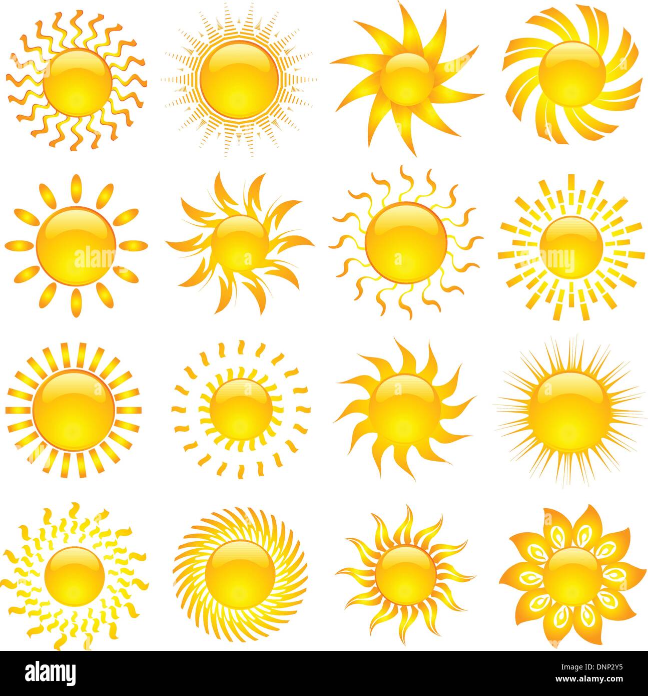 Large collection of various designs of sun icons Stock Vector
