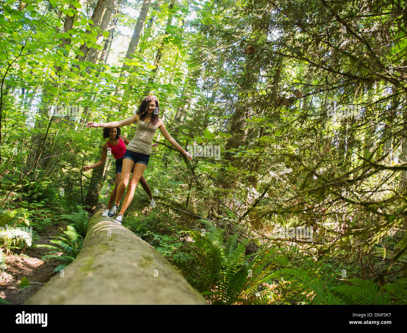 USA, Oregon, Portland, Two young women walking on log in forest Stock Photo