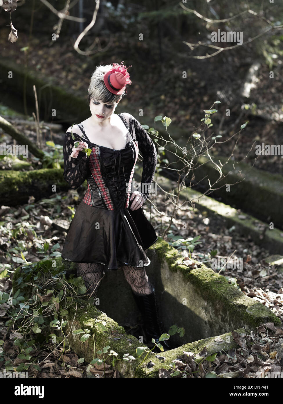 Young woman wearing Steampunk clothing, Victorian style Stock Photo