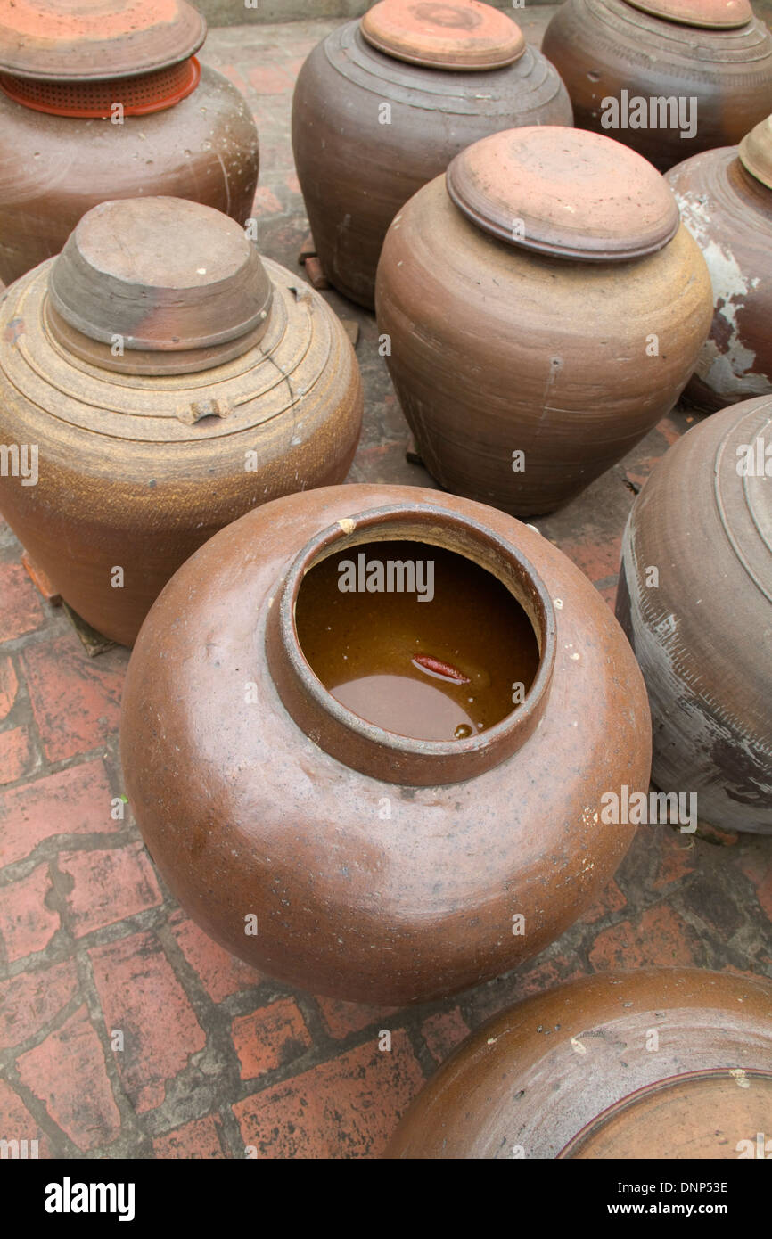 Large earthenware jars hold soybean juice fermenting for sauce.Duong