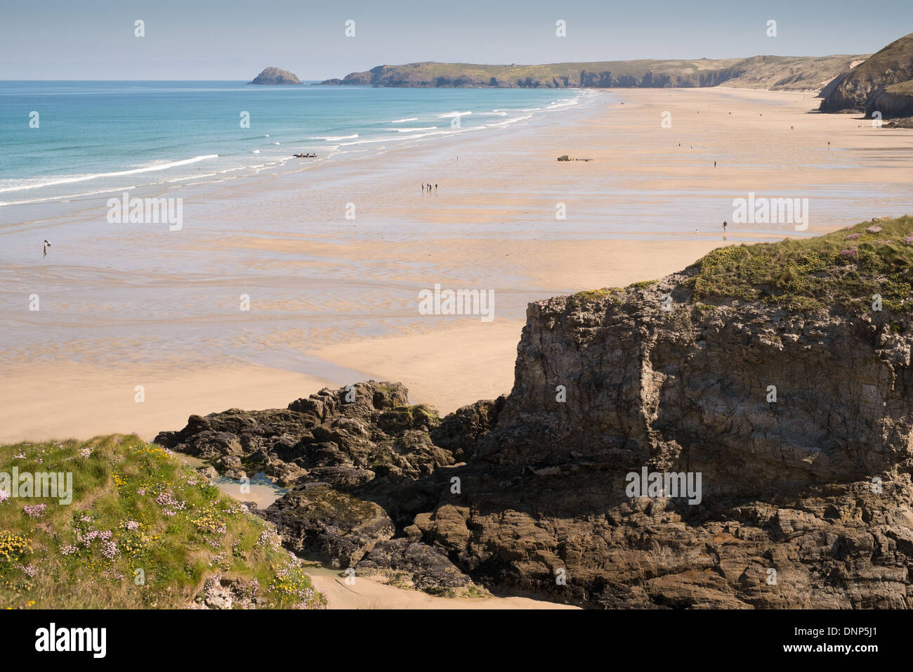 The large empty yellow sand beach at Perranporth in Cornwall, United Kingdom. Stock Photo