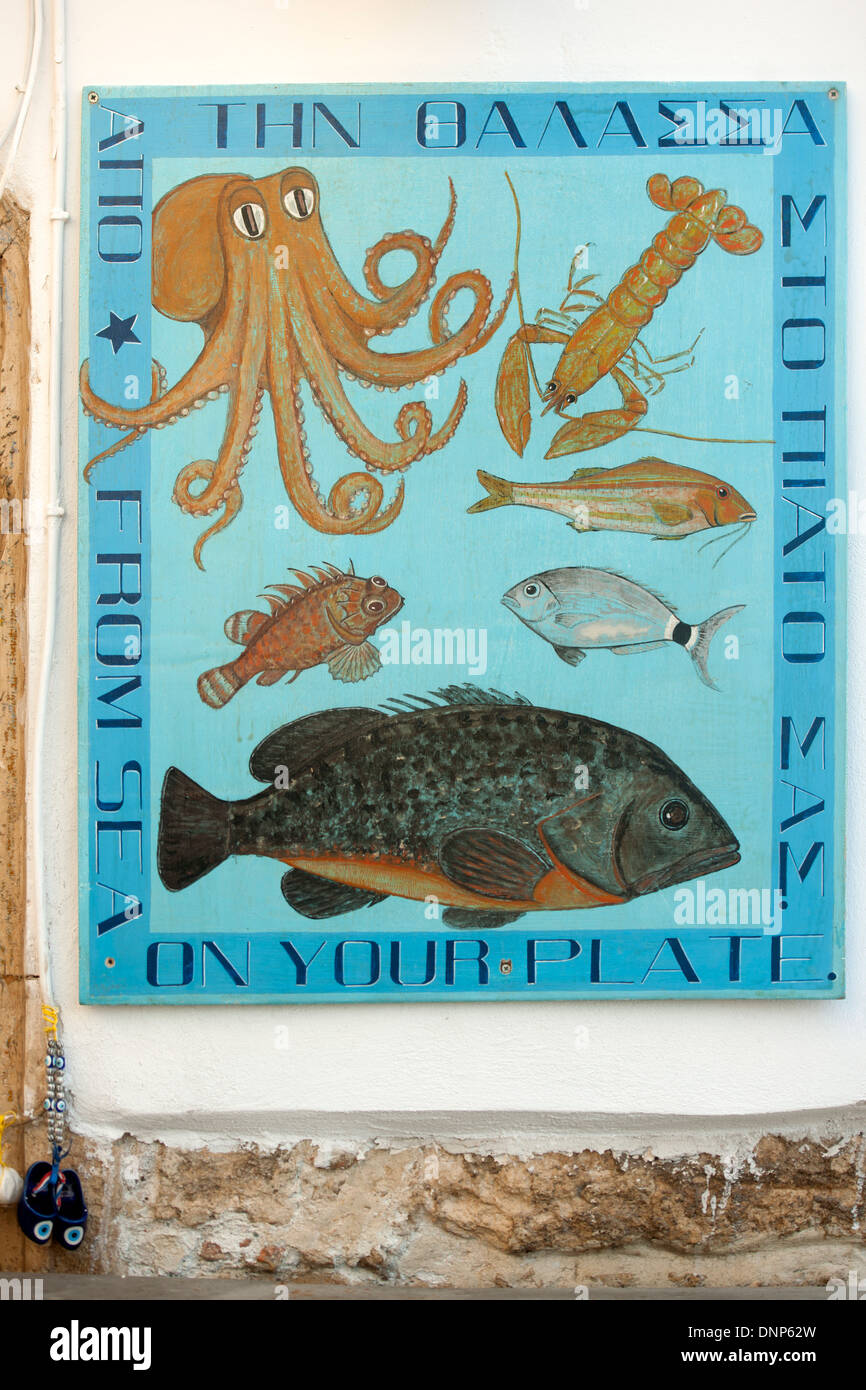 Griechenland, Kastellorizo, Schild an einem Fischlokal Stock Photo