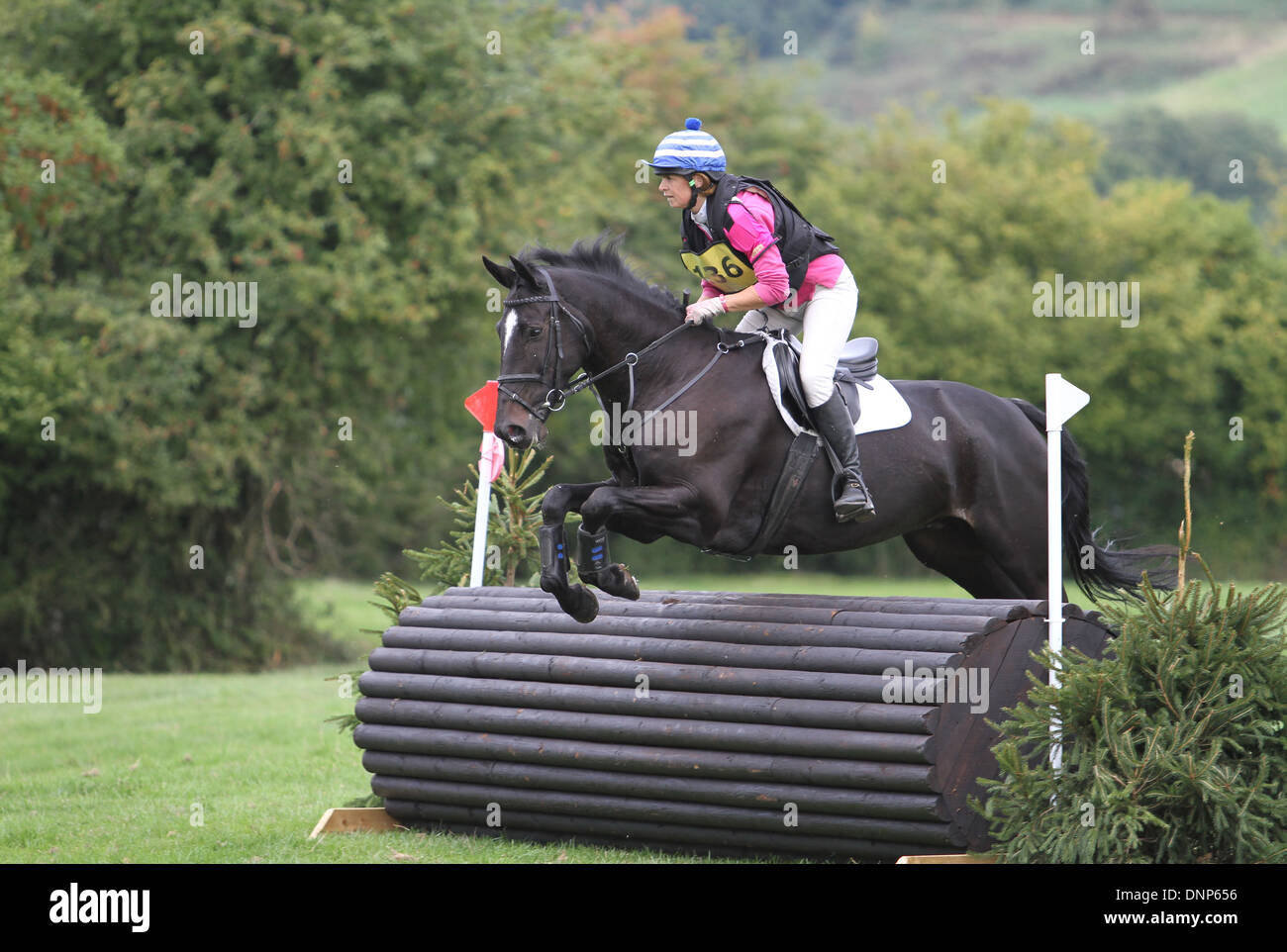 Horse and rider jumping a fence during the cross country phase of a one