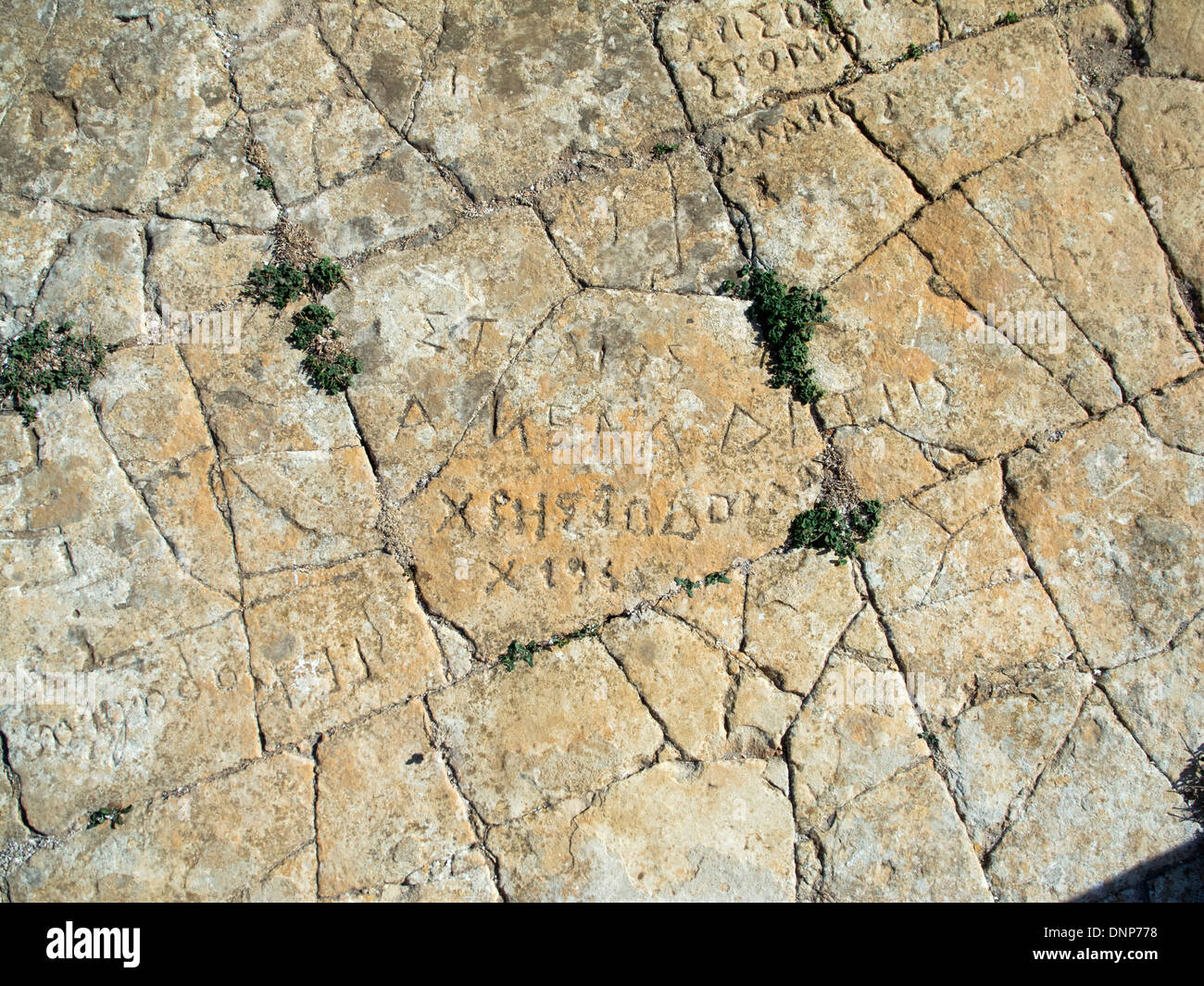 Griechenland, Kastellorizo, Paleokastro ( die alte Burg ) auf einem 145 m hohen Felsplateau. Inschriften im Steinboden. Stock Photo