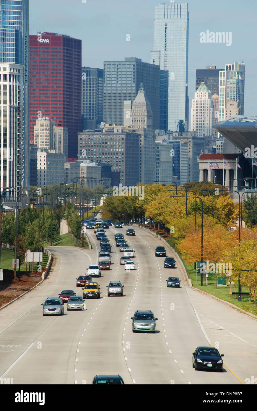 Cars on a highway leaving downtown Chicago Stock Photo
