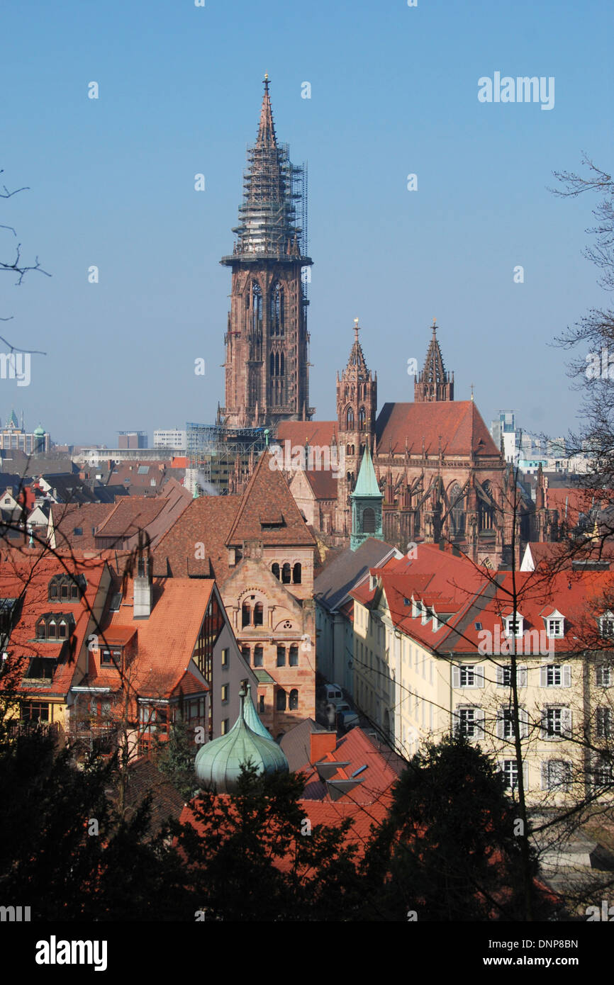 The Münster of Freiburg, towering over the town in Germany Stock Photo