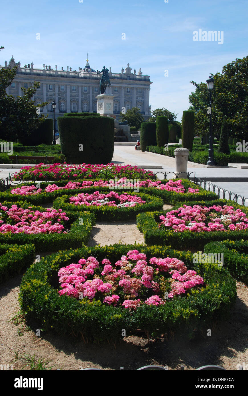 Gardens outside the Royal Palace of Madrid, Spain Stock Photo