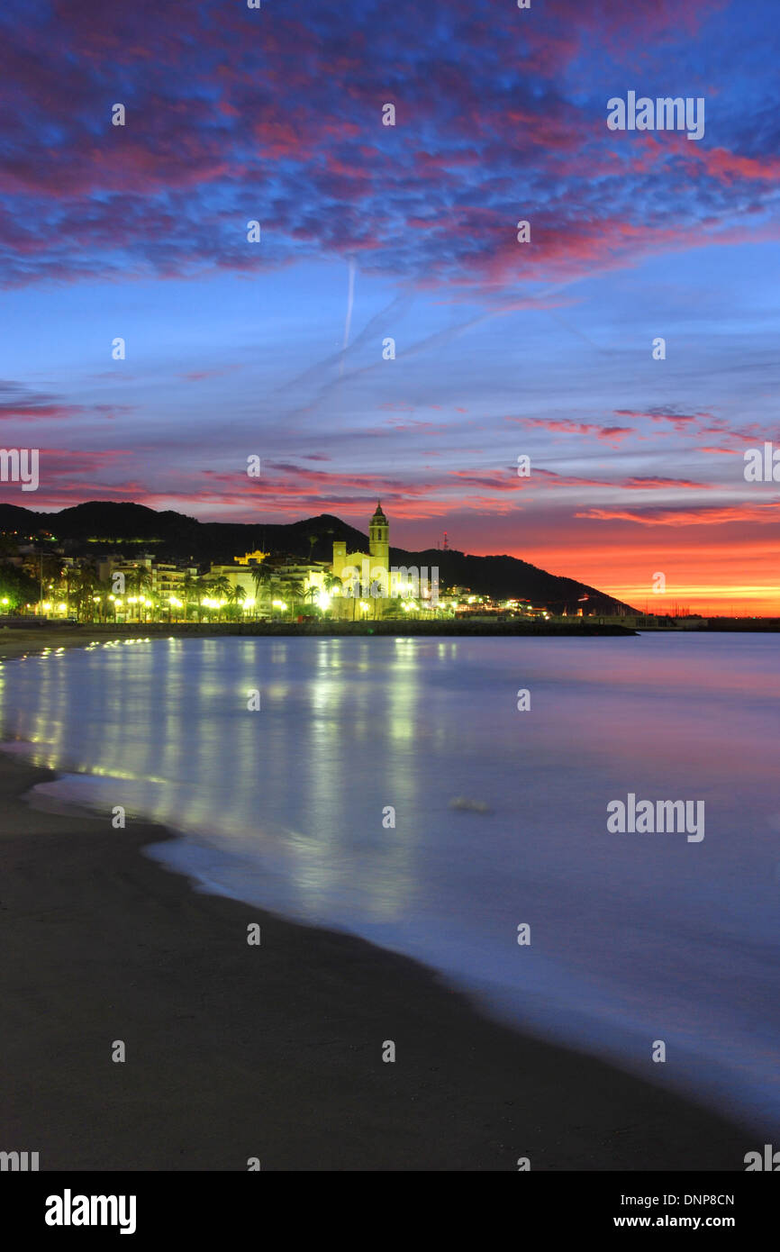 The Mediterranean coast of Sitges, Spain, at sunrise Stock Photo