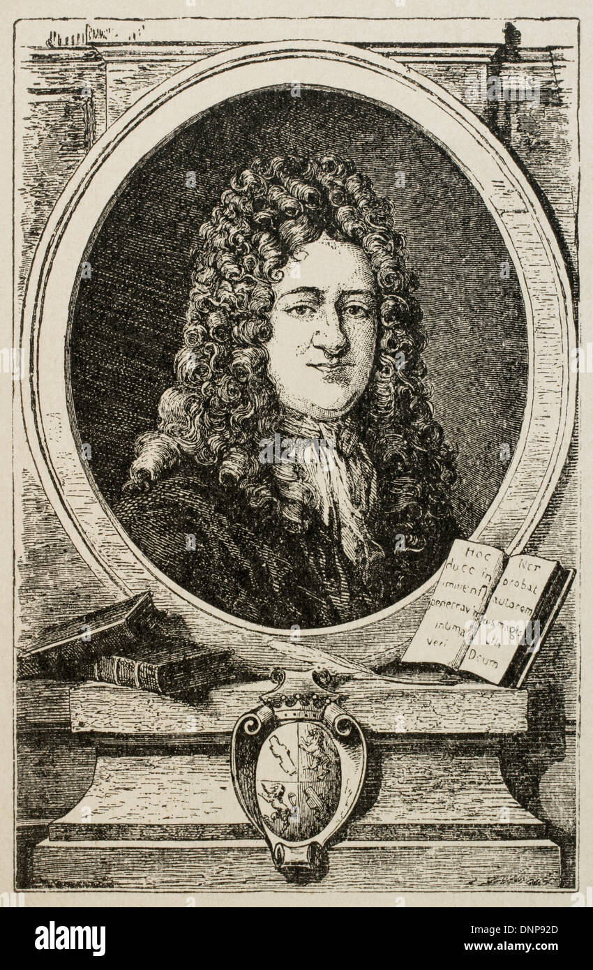 Gottfried Wilhelm Leibniz (1646-1716). German mathematician and philosopher. Engraving. Stock Photo