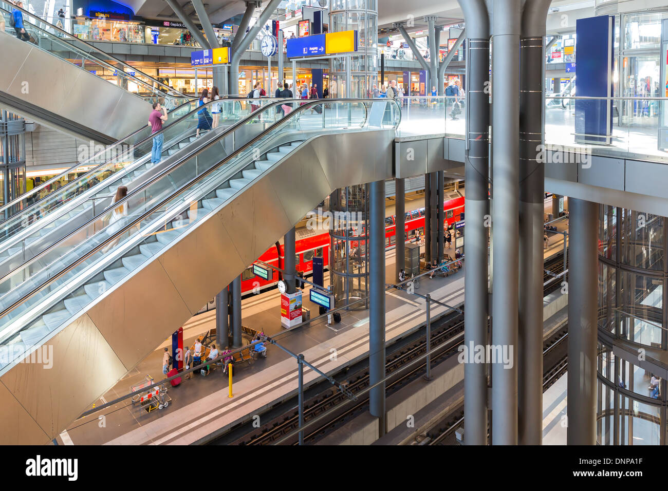 BERLIN, GERMANY - JULY 22: Tourists and workers are shopping and traveling at the central station of Berlin on July 22, 2013 in Stock Photo