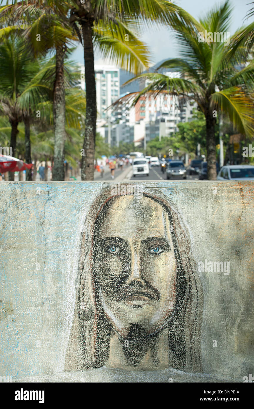 Rio Brazilian graffiti drawing of Cristo Redentor Christ the Redeemer portrait in Ipanema Stock Photo
