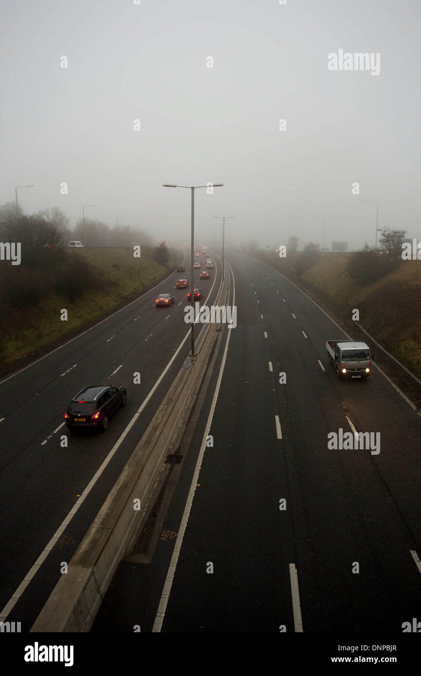 Foggy weather on the M5 motorway in Birmingham, December 11 2013 Stock Photo