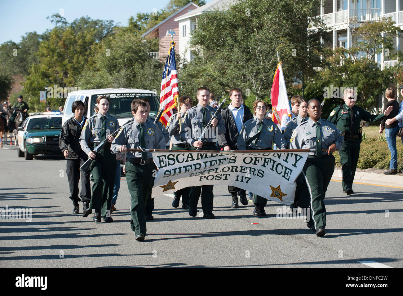 Escambia County Sheriffs Office Explorers march on Veterans Day parade Pensacola Florida USA Stock Photo