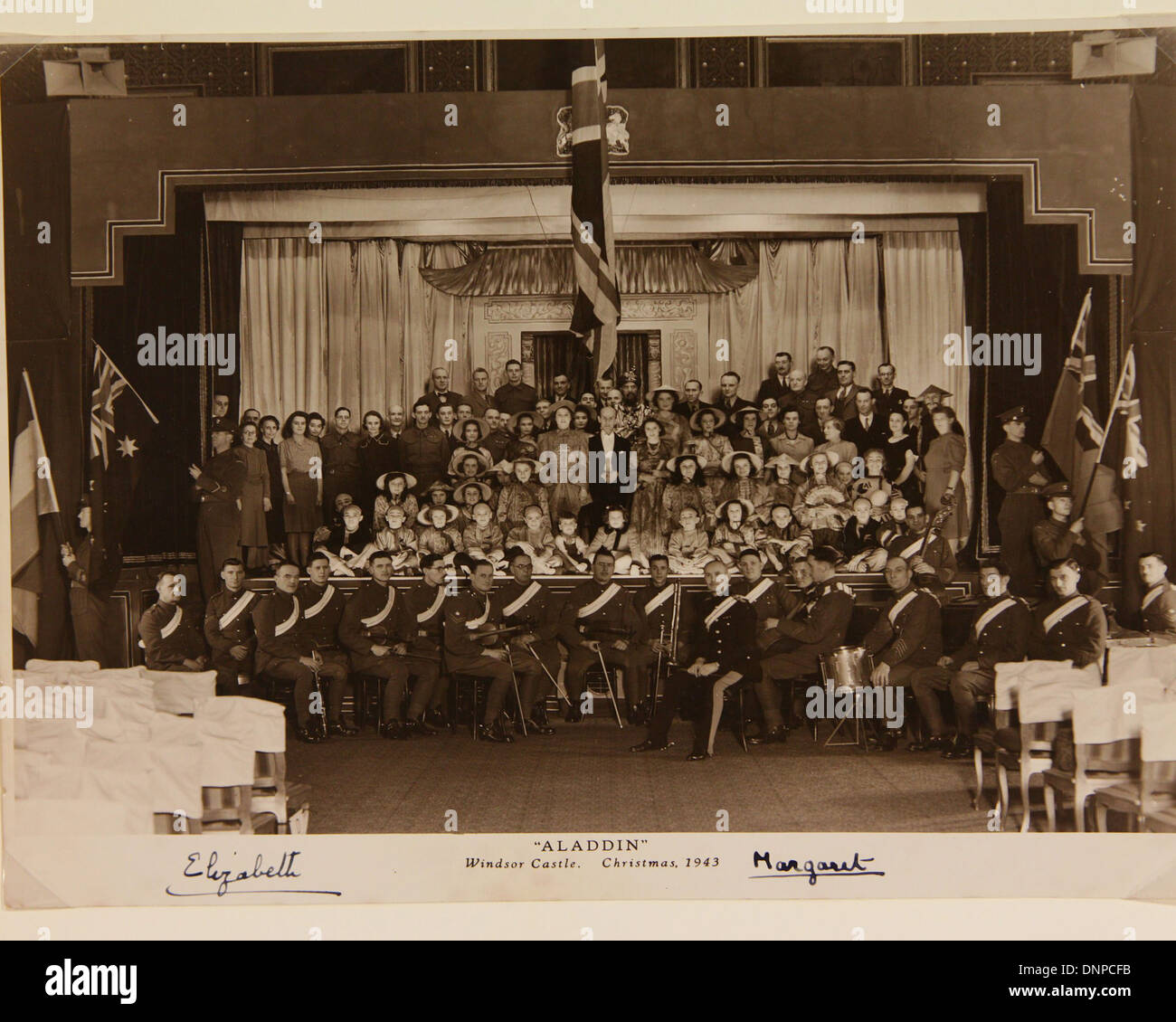 A signed photograph of Princess Margaret and Princess Elizabeth in the play Aladdin, 1943, at the Royal School, Windsor Stock Photo