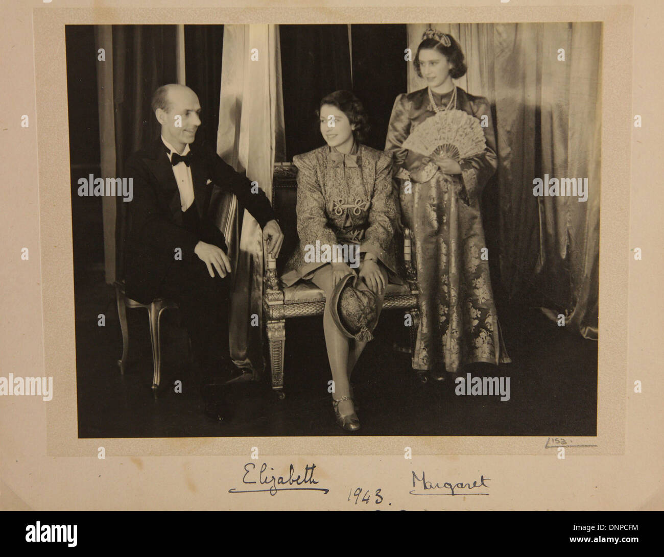 A signed photograph of Princess Margaret (right) and Princess Elizabeth (left) in the play Aladdin, 1943 Stock Photo