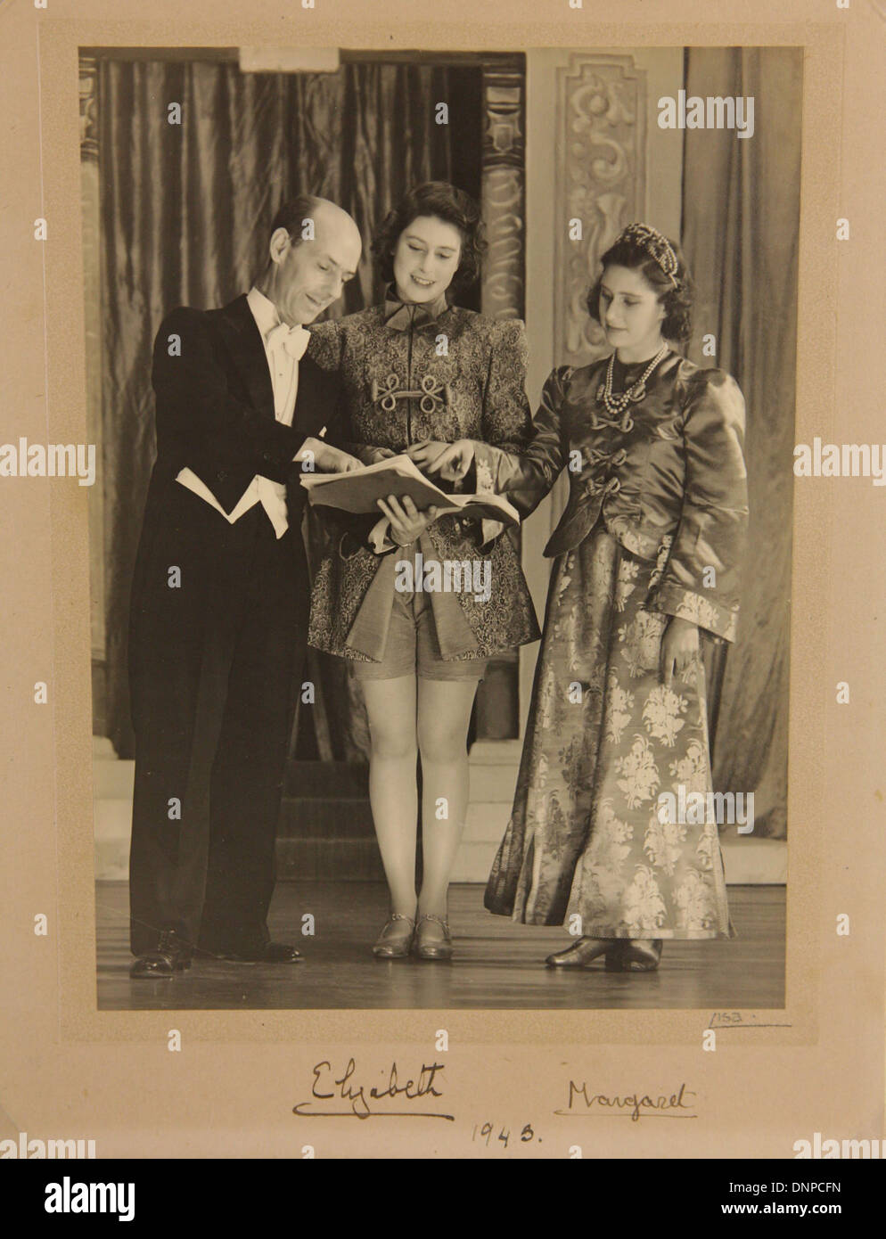 A signed photograph of Princess Margaret (right) and Princess Elizabeth (left) in the play Aladdin, 1943, Stock Photo