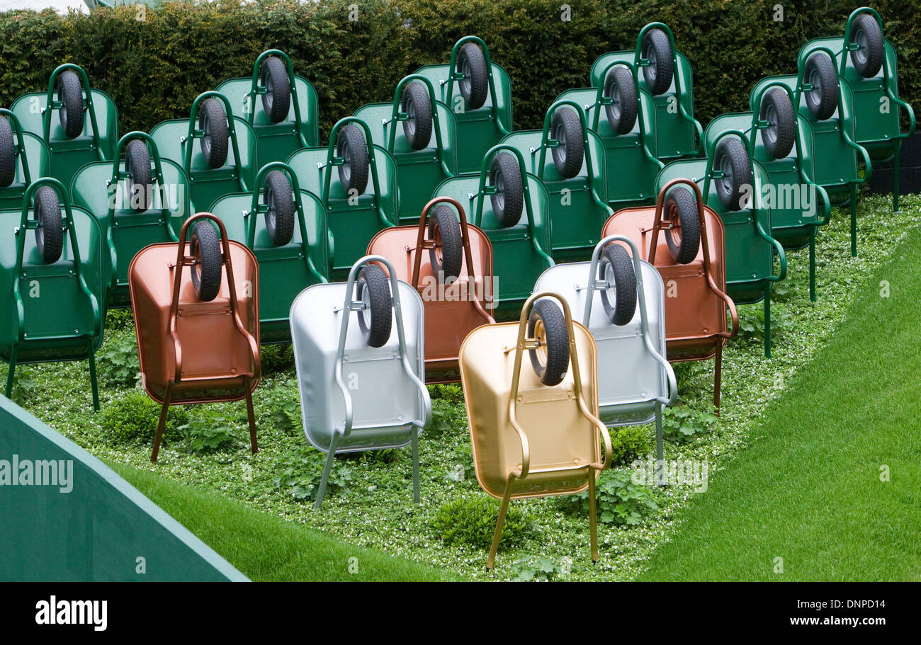 Wheelbarrow art installation Chelsea Flower Show 2013 Stock Photo